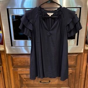 Nannette Navy Ruffled Blouse with V-Neck